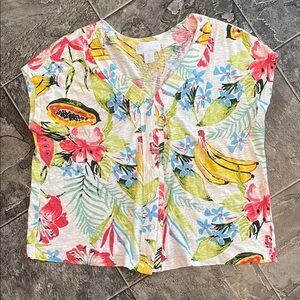 C&C CALIFORNIA Linen Blend Floral Fruit Print Women's Cap Sleeve Coastal Fun Top